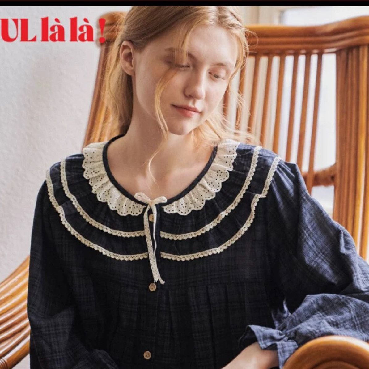 ULLALA 韩国家居服睡裙娃娃领秋季复古长袖长裙休闲开衫  25259