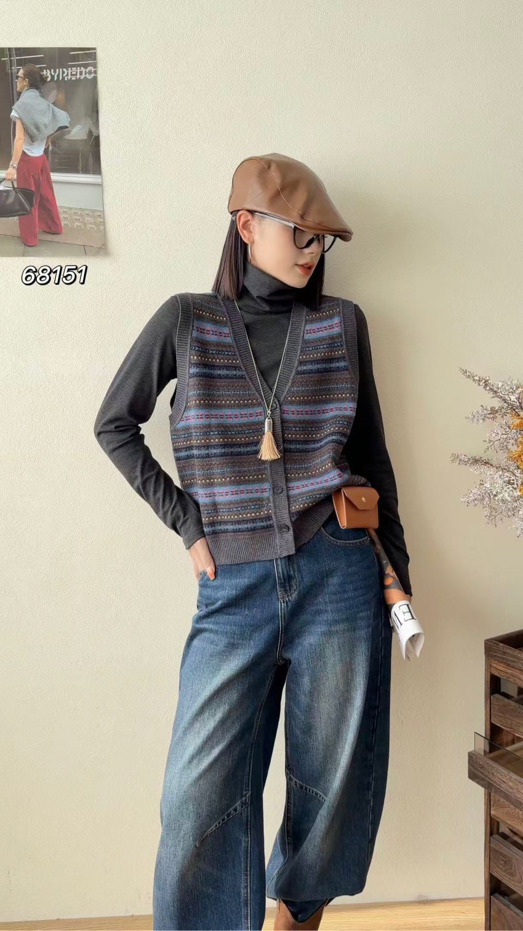 潮牌女装冬季厚款格纹欧美风针织衫美式复古时尚网红百搭条纹拼接