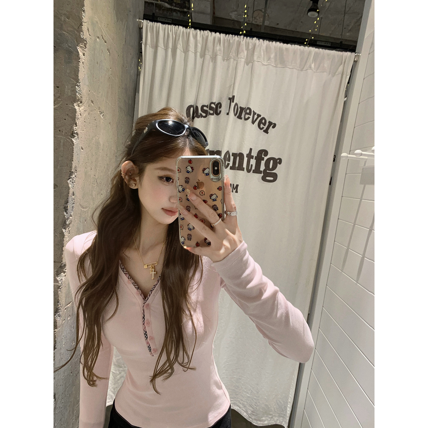 Tongiiuu C位打底 格纹拼接V领长袖T恤女修身显瘦内搭打底衫上衣