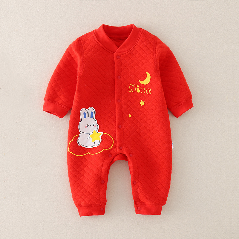 婴儿连体衣秋冬大红色保暖内衣纯棉夹棉拜年服新生儿宝宝衣服春秋