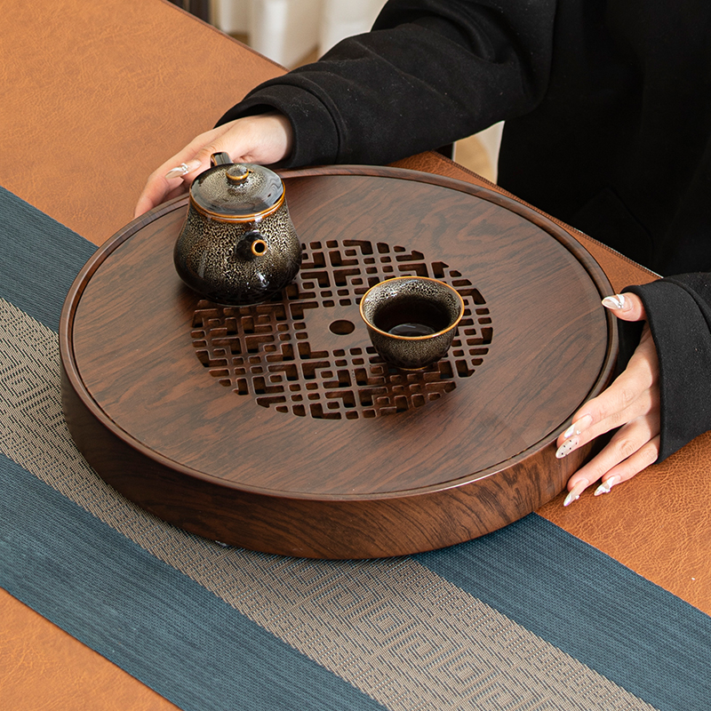 实木干泡台圆形储水茶盘托盘新款家用沥储水茶具花梨色
