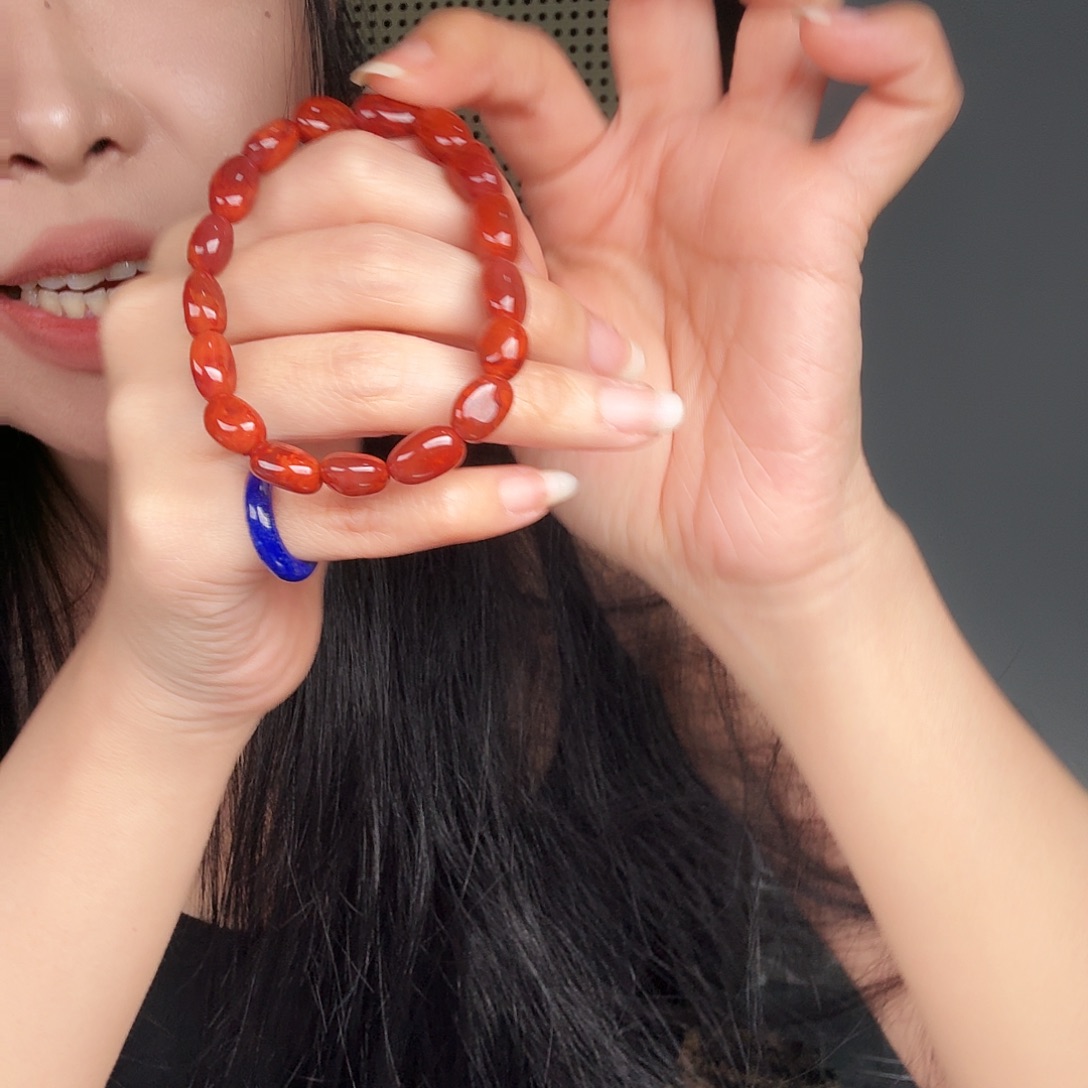 南红玛瑙合金手链牛血红火焰纹8mm