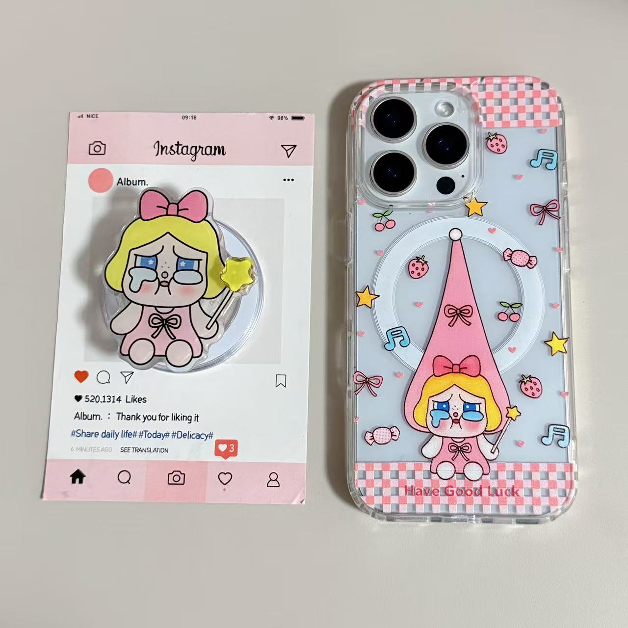 【亚克力磁吸】卡通粉色哭娃磁吸支架高透手机壳适用iPhone17Pro/16