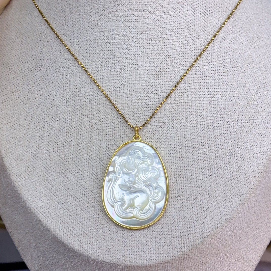 吊坠925银贝壳 通体925银镶嵌天然白贝母九尾狐双面毛衣吊坠