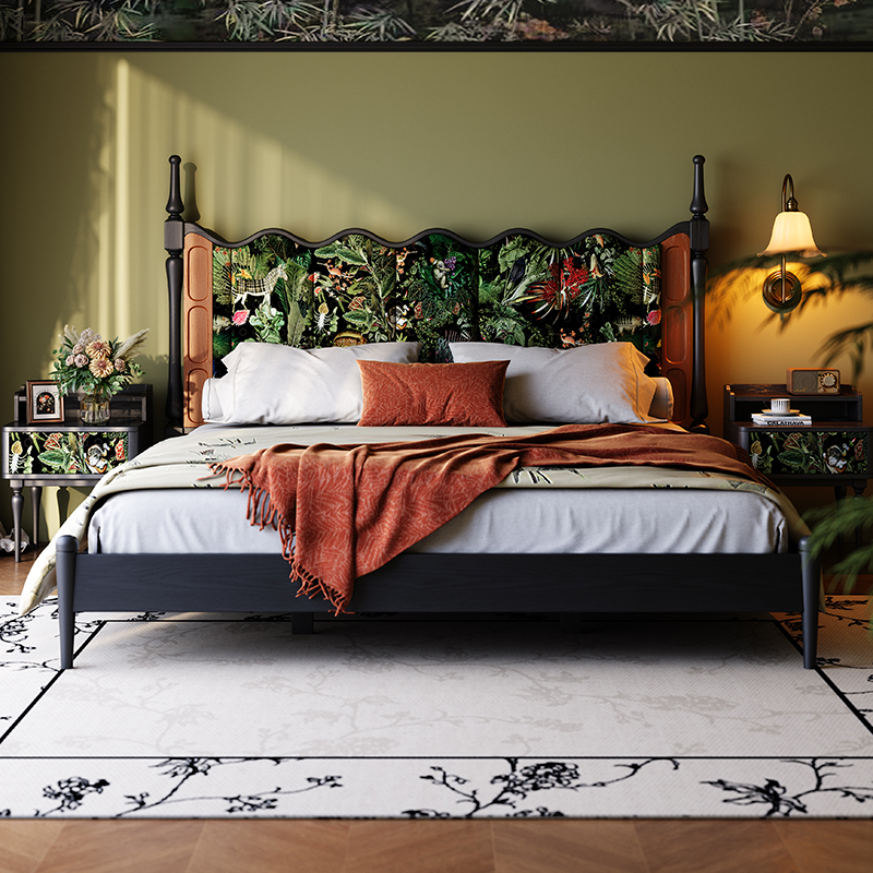 同言实木床法式复古主卧1.8M高级感双人大床中古风布艺软包床