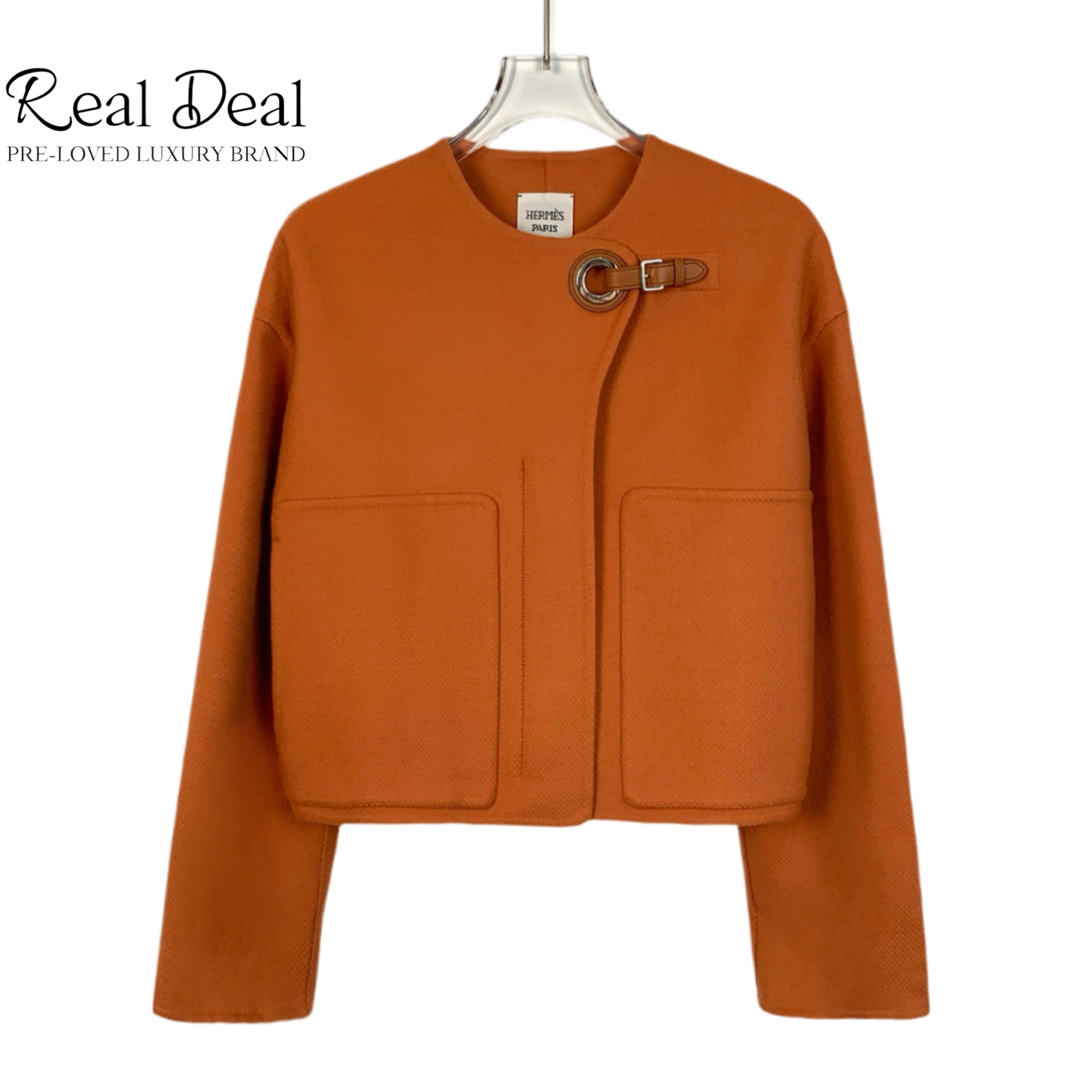 全新未使用 Hermes/爱马仕 H13242 橙色环扣山羊绒短裤大衣 XXs