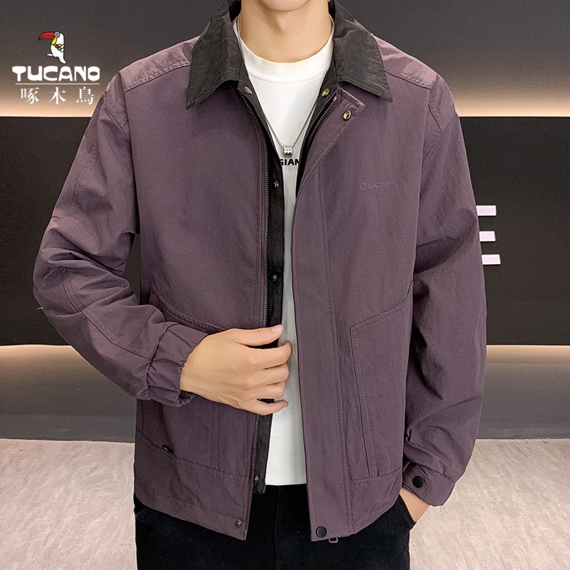 TUCANO/啄木鳥男士夹克假两件休闲翻领美式工装纯色男款拉链上衣