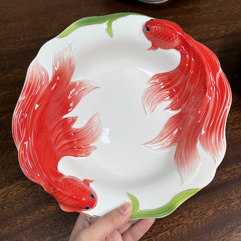 双鱼深菜盘家用创意金鱼陶瓷盘子高颜值加深大汤盆炖菜盘酸菜鱼盘