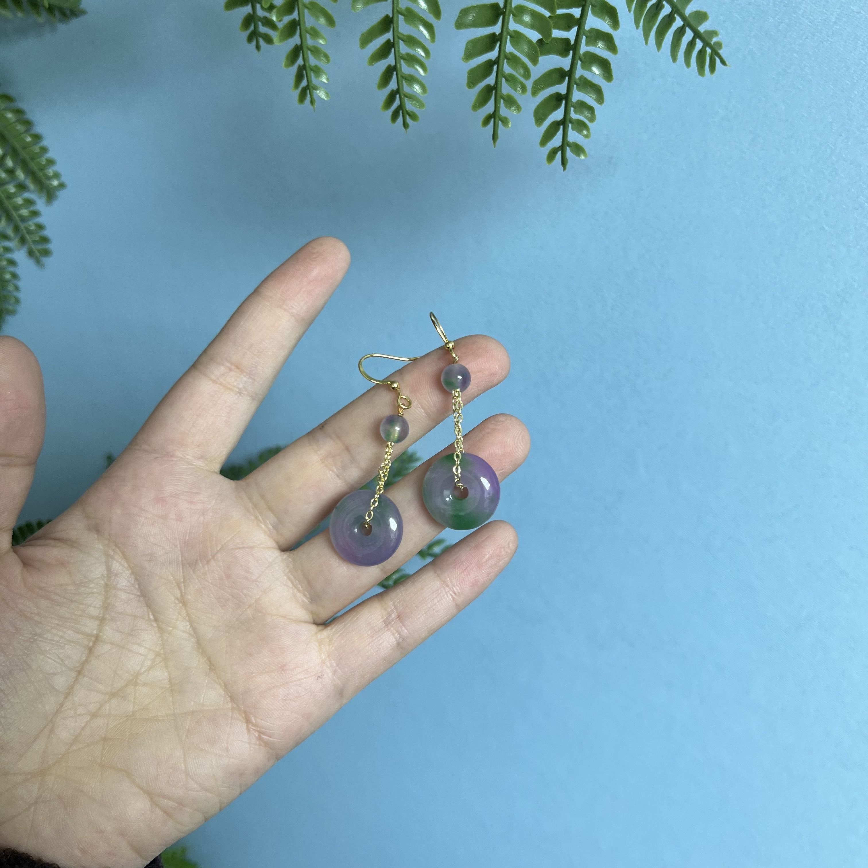 翡翠14k平安扣链条耳钩