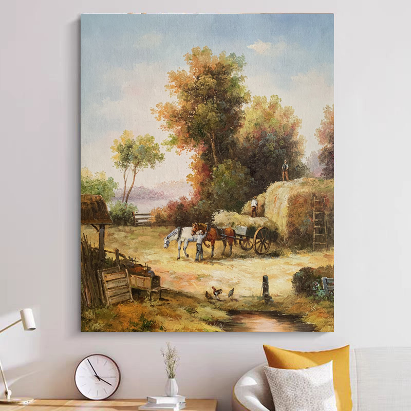 《秋野农忙》50*60含内框，刘春建手绘油画装饰画，客厅背景墙挂画
