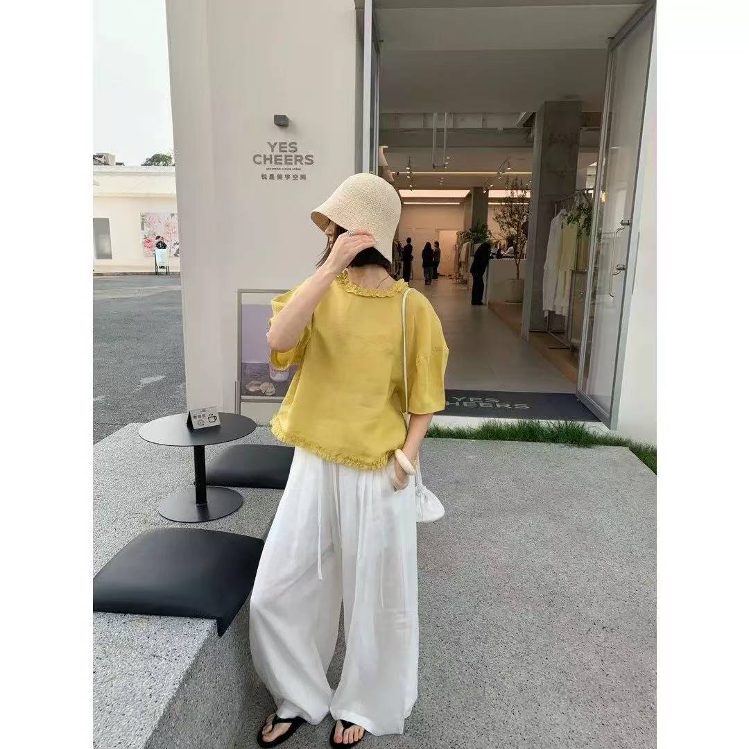 夏季圆领花边短袖衬衫洋气百搭女装文艺小衫