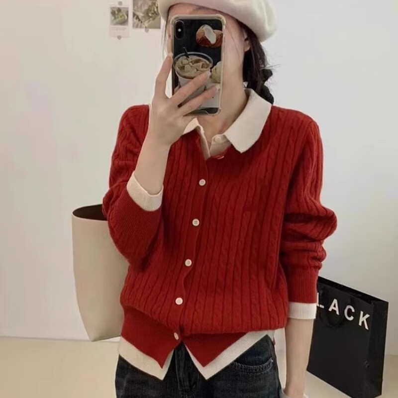 2025年春秋新款polo领长袖针织衫假两件拼接设计感洋气百搭针织衫