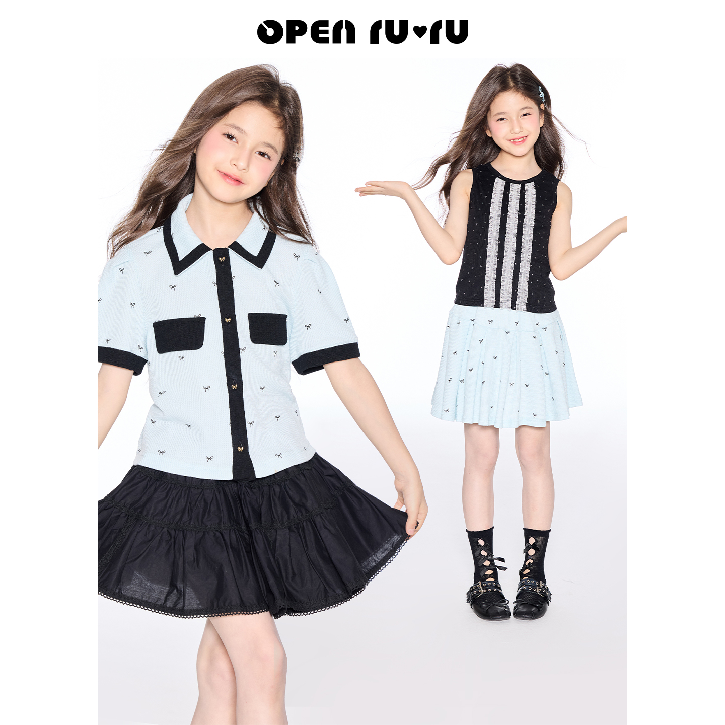 Opennunu女童小清新蝴蝶结套装夏季儿童华夫格POLO衫百褶半身裙