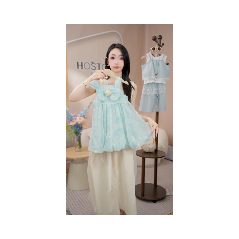 【皇室童缘】2025夏季新款蝴蝶结青色拼料百搭甜美网纱连衣裙