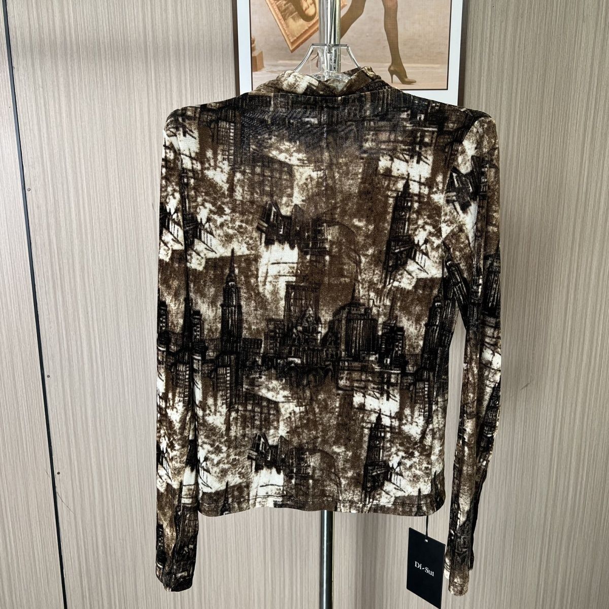 6529撤柜DS高领丝网打底新款修身洋气秋季长袖气质印花小衫上衣