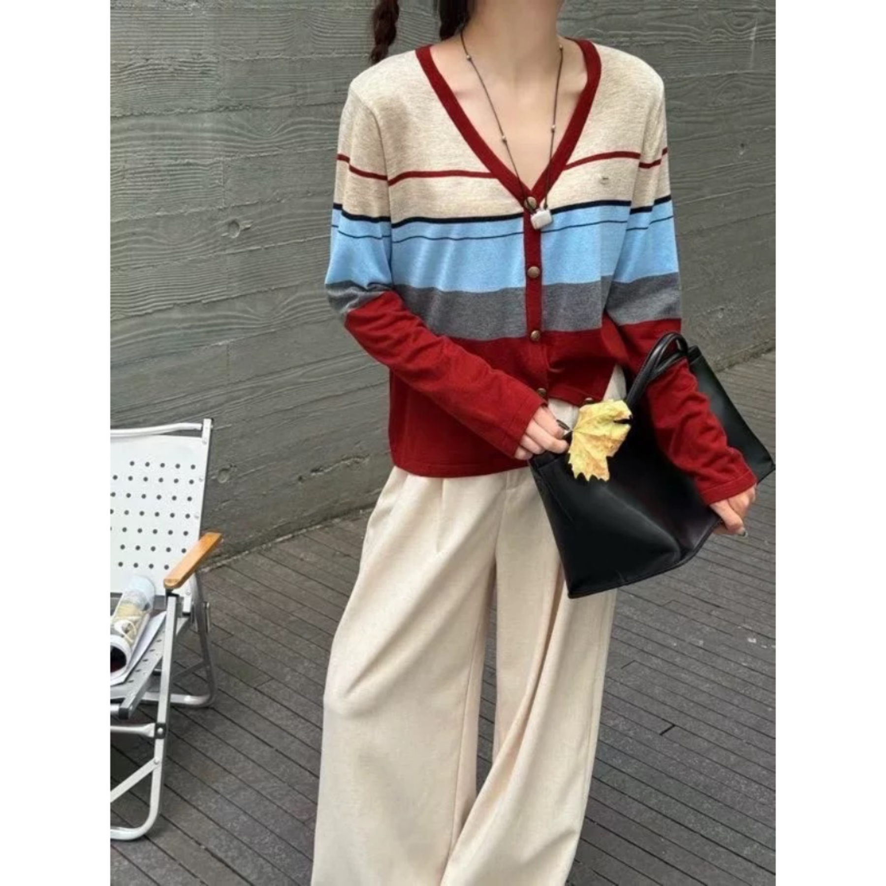 小香风V领条纹撞色开衫超柔软～超细羊毛桑蚕丝莱赛尔高品质版8257