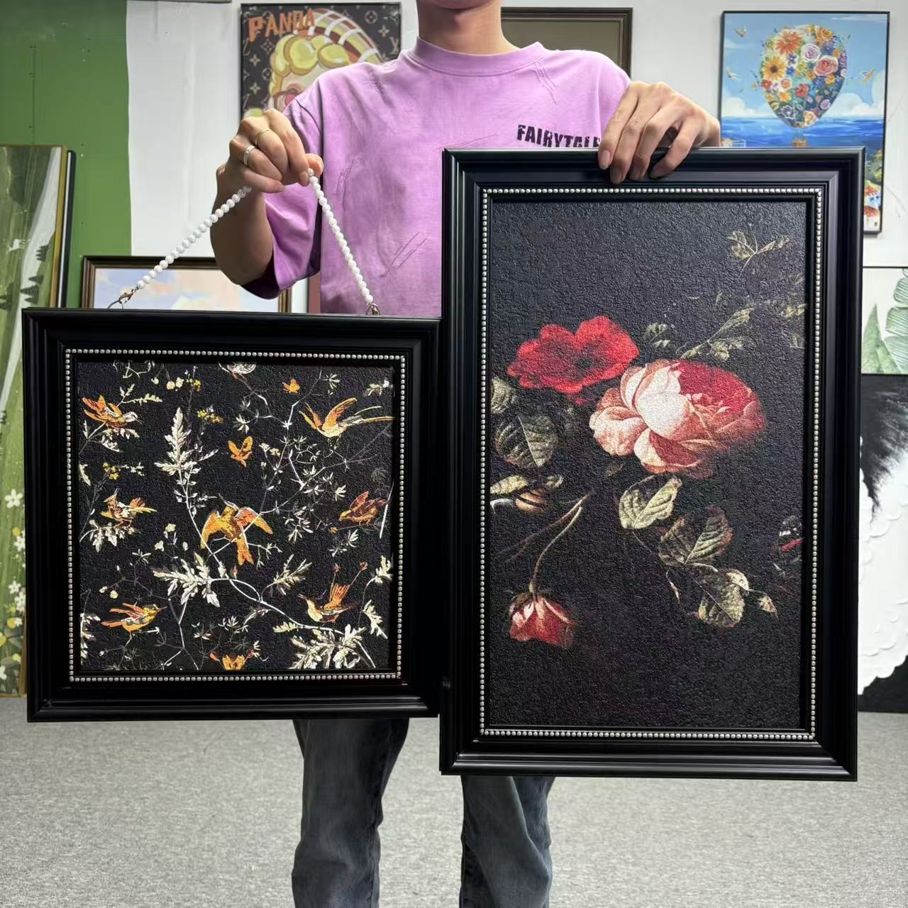 中古风玄关矮柜画法式小众高级感卧室床头挂画复古客厅组合画360