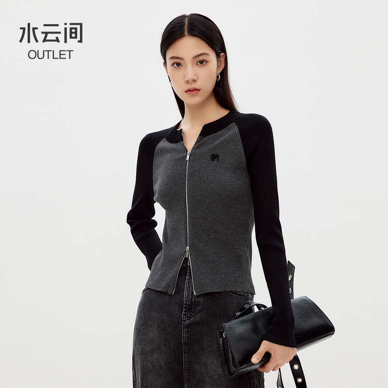 【针织开衫】水云间黑色毛针织开衫外套女修身长袖上衣外搭12410089
