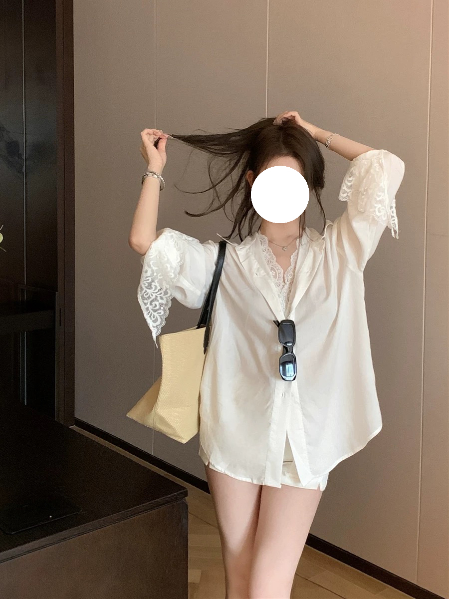 薄款慵懒风高级感白色假两件蕾丝拼接长袖宽松衬衫上衣