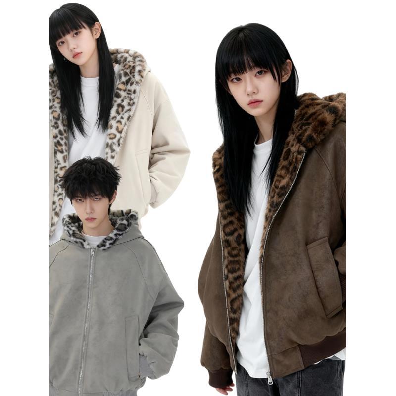 8228 复古座山豹连帽pu皮夹克双面穿加绒加厚短款豹纹棉服外套