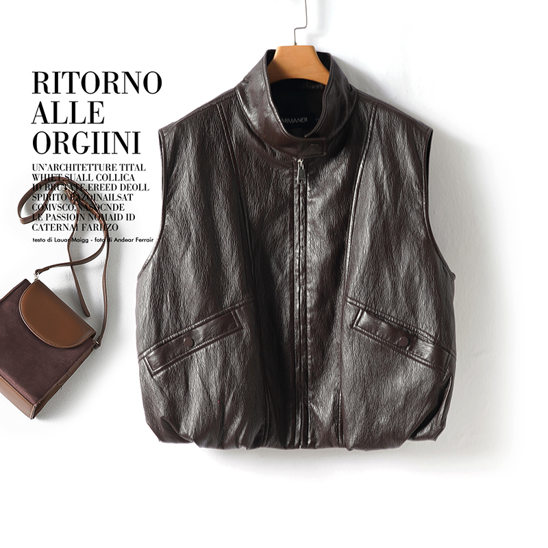 【七月】真皮绵羊皮2025年款复古皮马甲女春秋宽松廓形皮背心坎肩