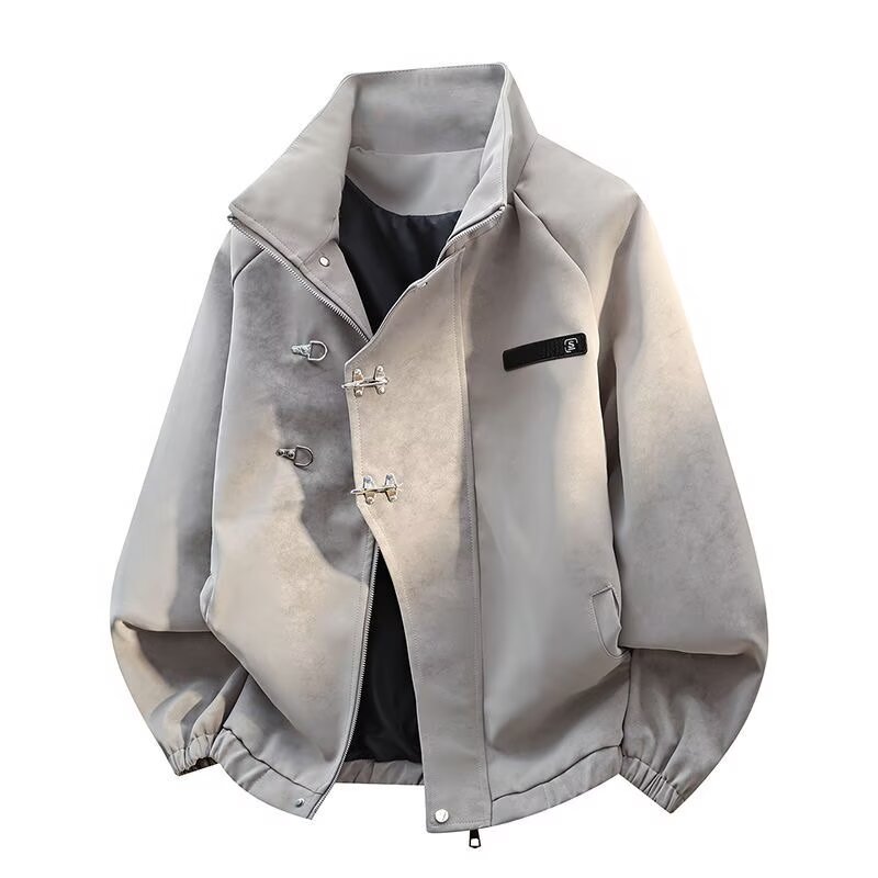 加绒加厚扎染秋冬挺括宽松百搭情侣外套男立领PU皮衣复古工装夹克