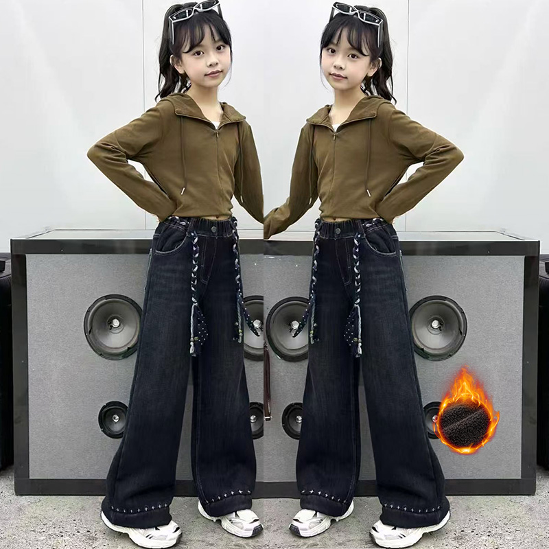 长裤女童阔腿裤加绒牛仔裤冬季显瘦冬季裤子