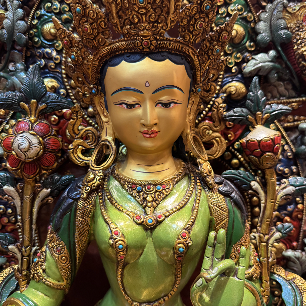 尼泊尔手工艺紫铜彩绘工艺精工48CM绿度母铜像