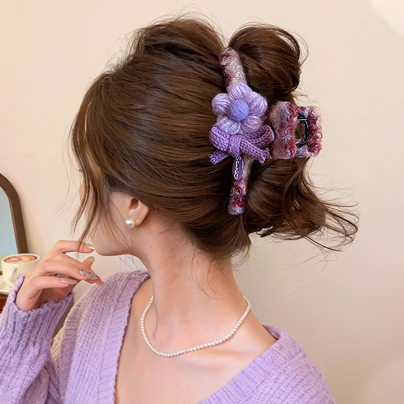 紫色花朵~蝴蝶结抓夹毛绒发夹2025新款高级感鲨鱼夹大号盘发头饰