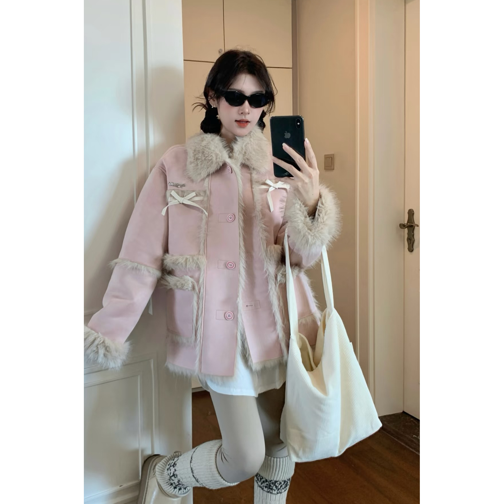 【D2201-D2210】冬装皮毛一体真皮加绒加厚羊羔毛衣棉服大码女装