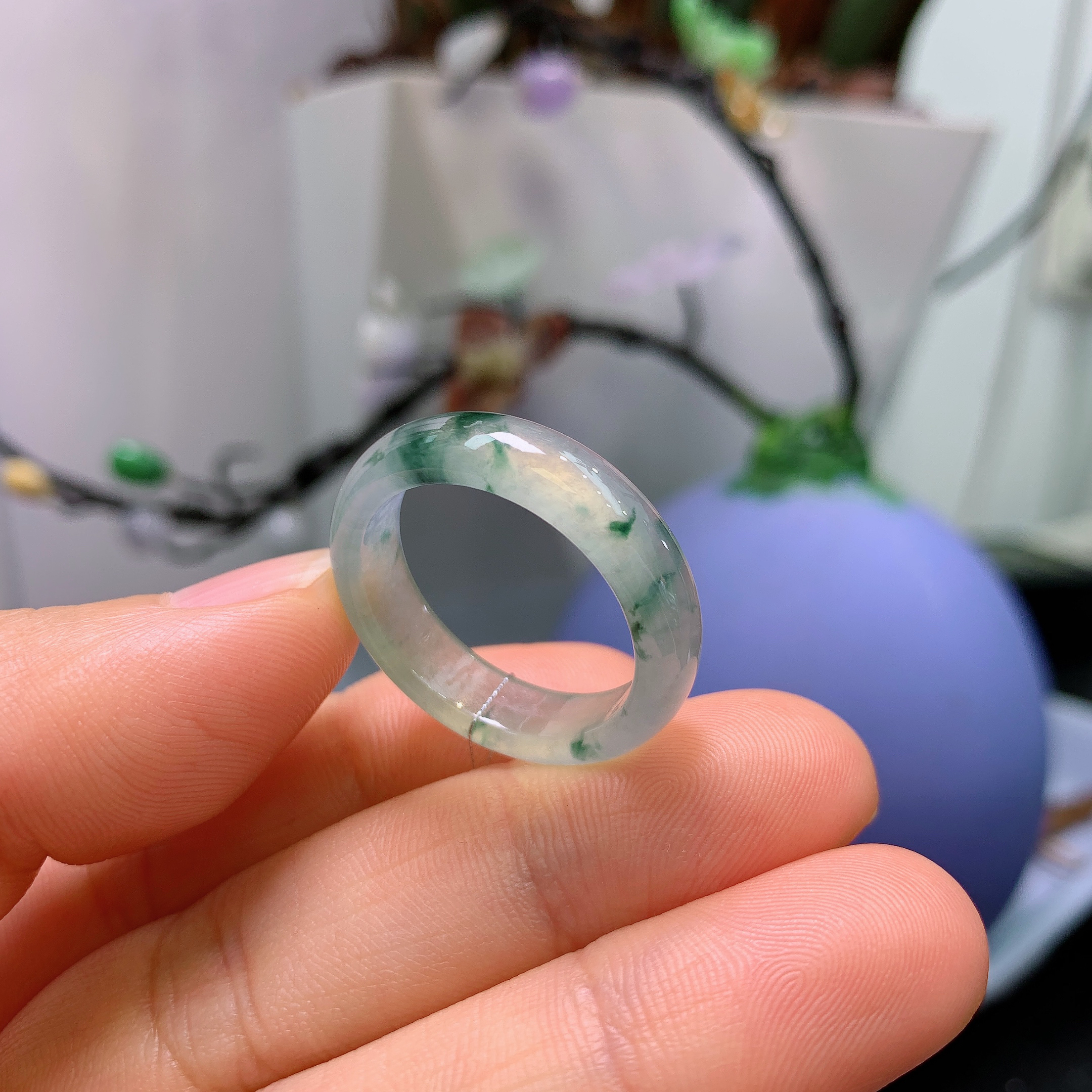 23圈口缅甸天然翡翠A货冰飘花戒指A1031#