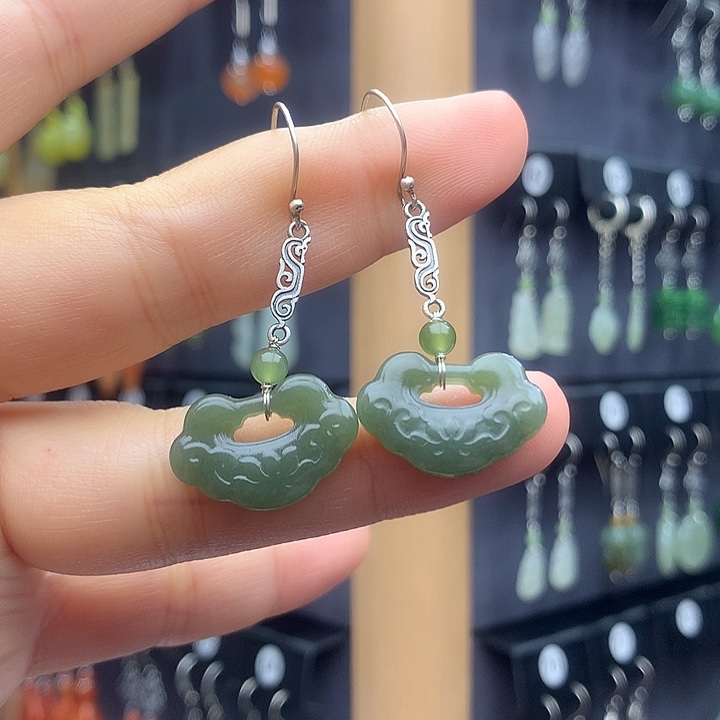 和田玉耳饰银S925镶嵌