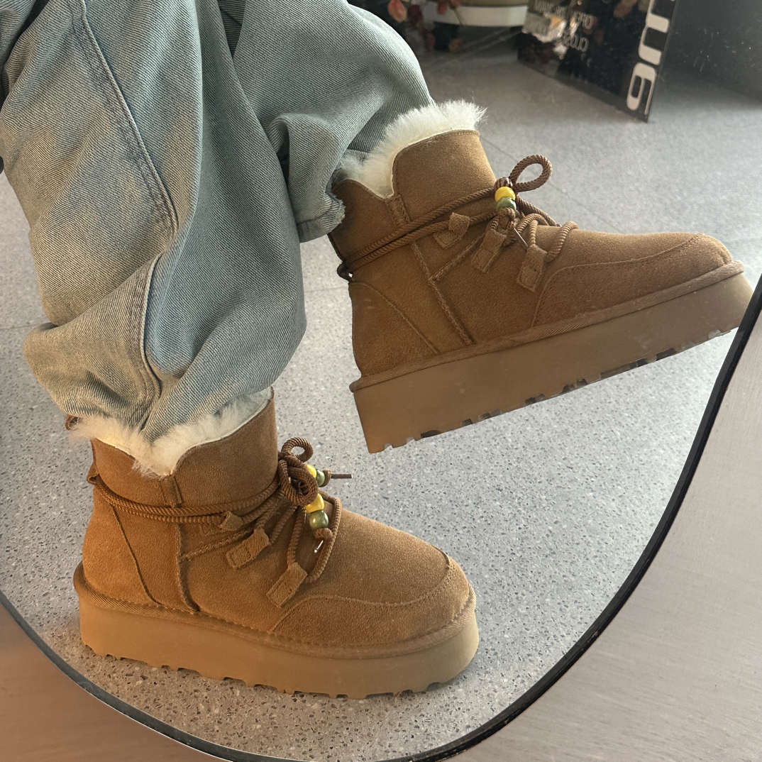 串珠绑带雪地靴厚底百搭加绒皮毛一体保暖真皮