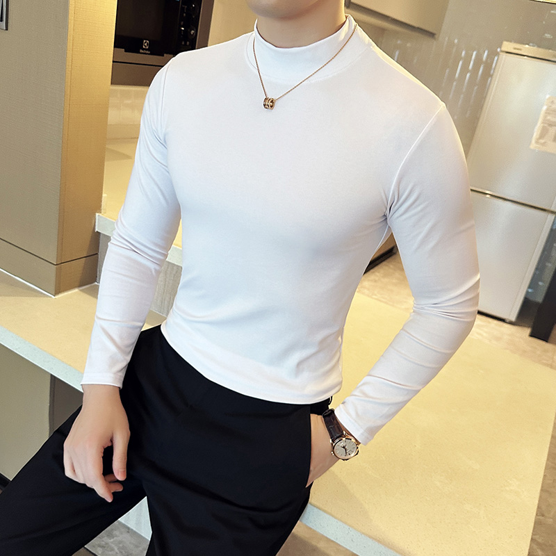 爆款男士T恤中领长袖内搭2025新款韩版短袖修身弹力纯色半高领t恤