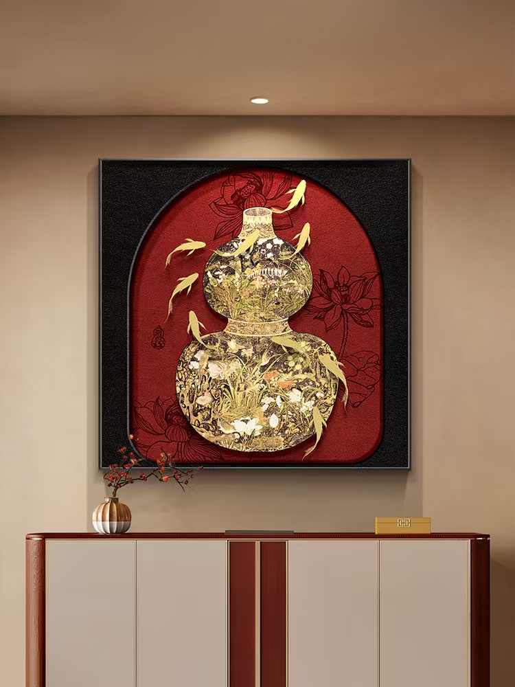 复古风葫芦玄关装饰画新中式九鱼图入户门壁画荷花走廊正方形挂画