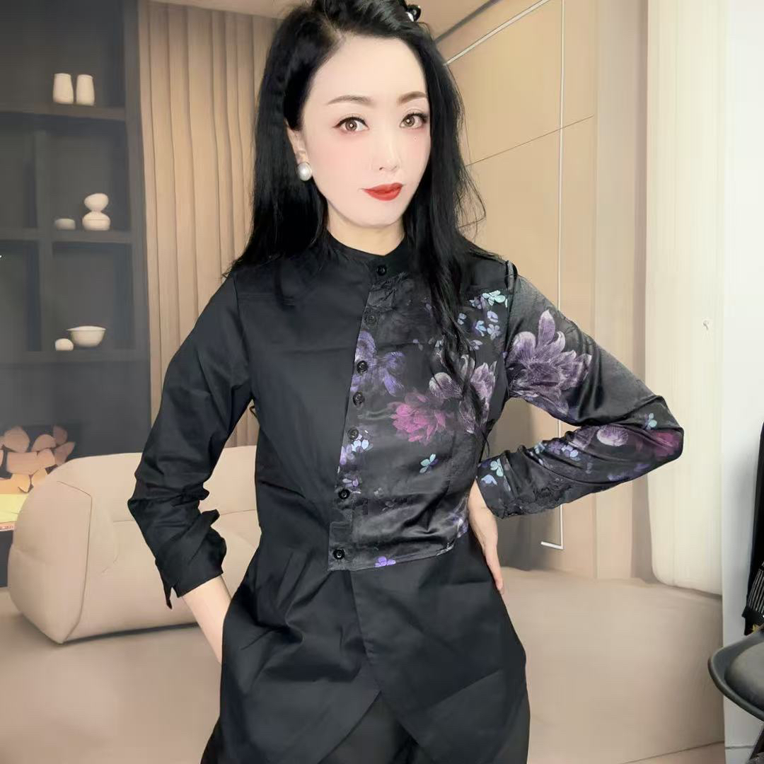 x6027 新款时尚百搭洋气设计感长袖拼色寸领衬衫女