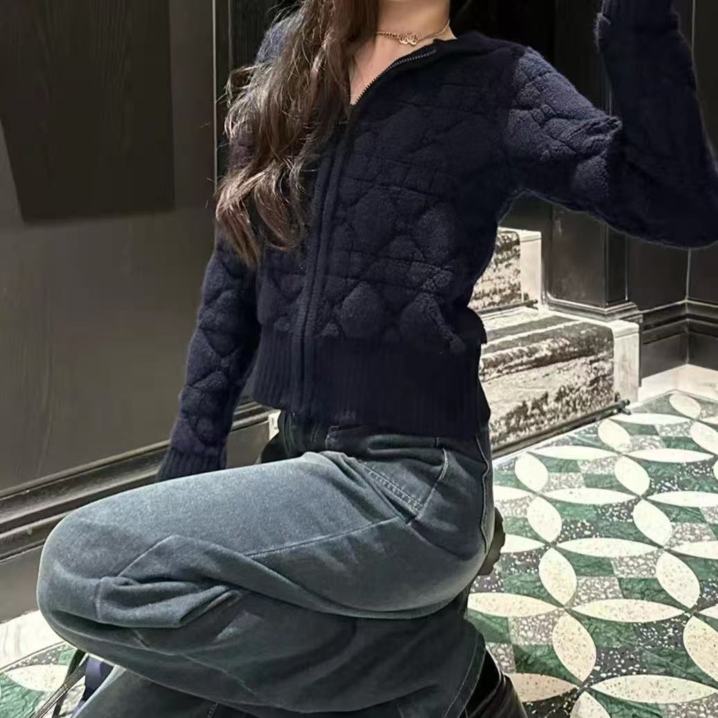 开衫开衫款拉链毛衣女装短款百搭时尚拼接常规纯色