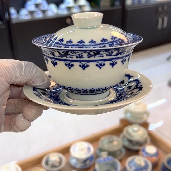 瓷片白青花宝相盖碗全品