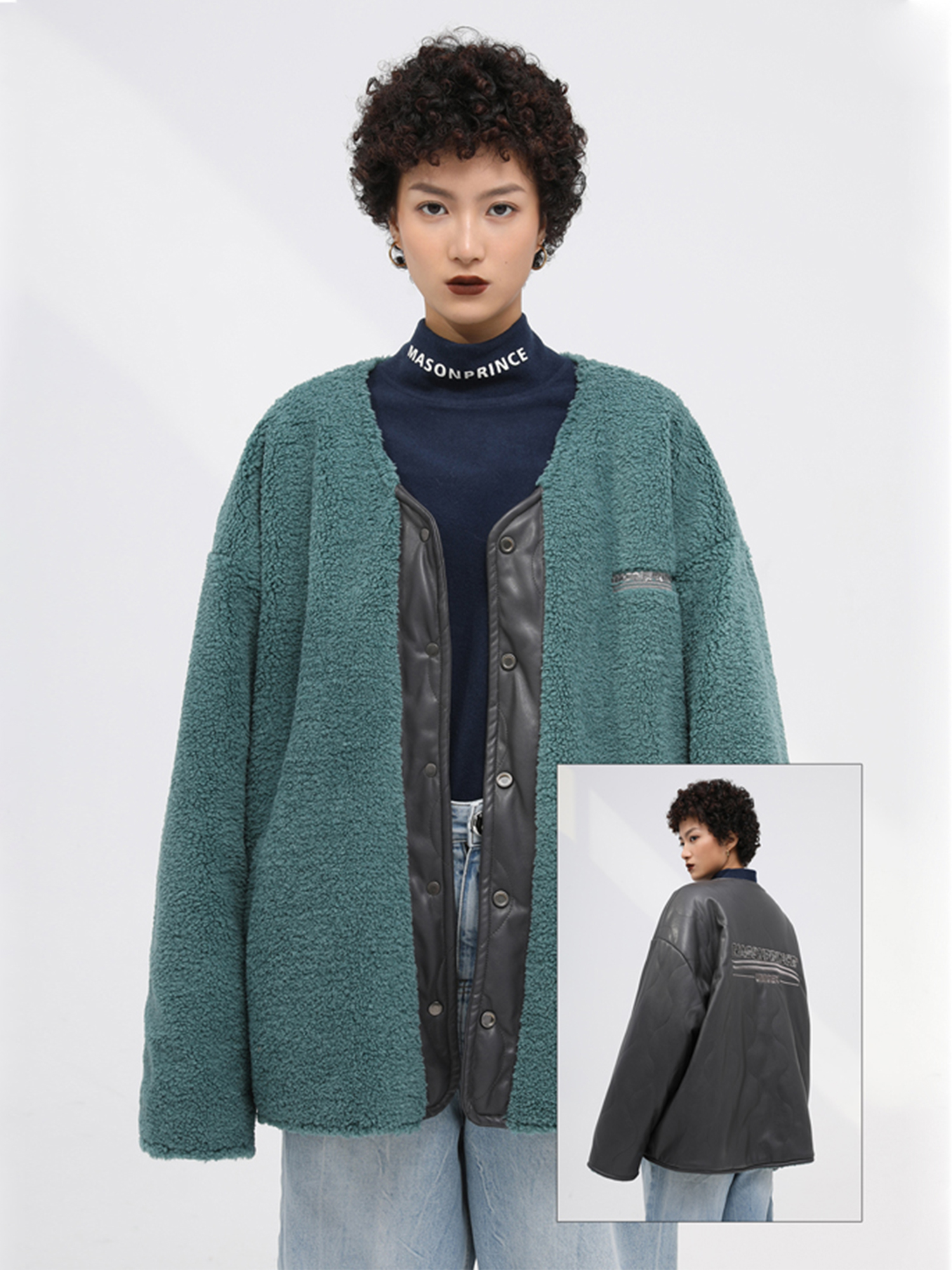 MASONPRINCE 冬季轻薄无领pu皮棉服男短款宽松双面穿仿羊羔绒外套