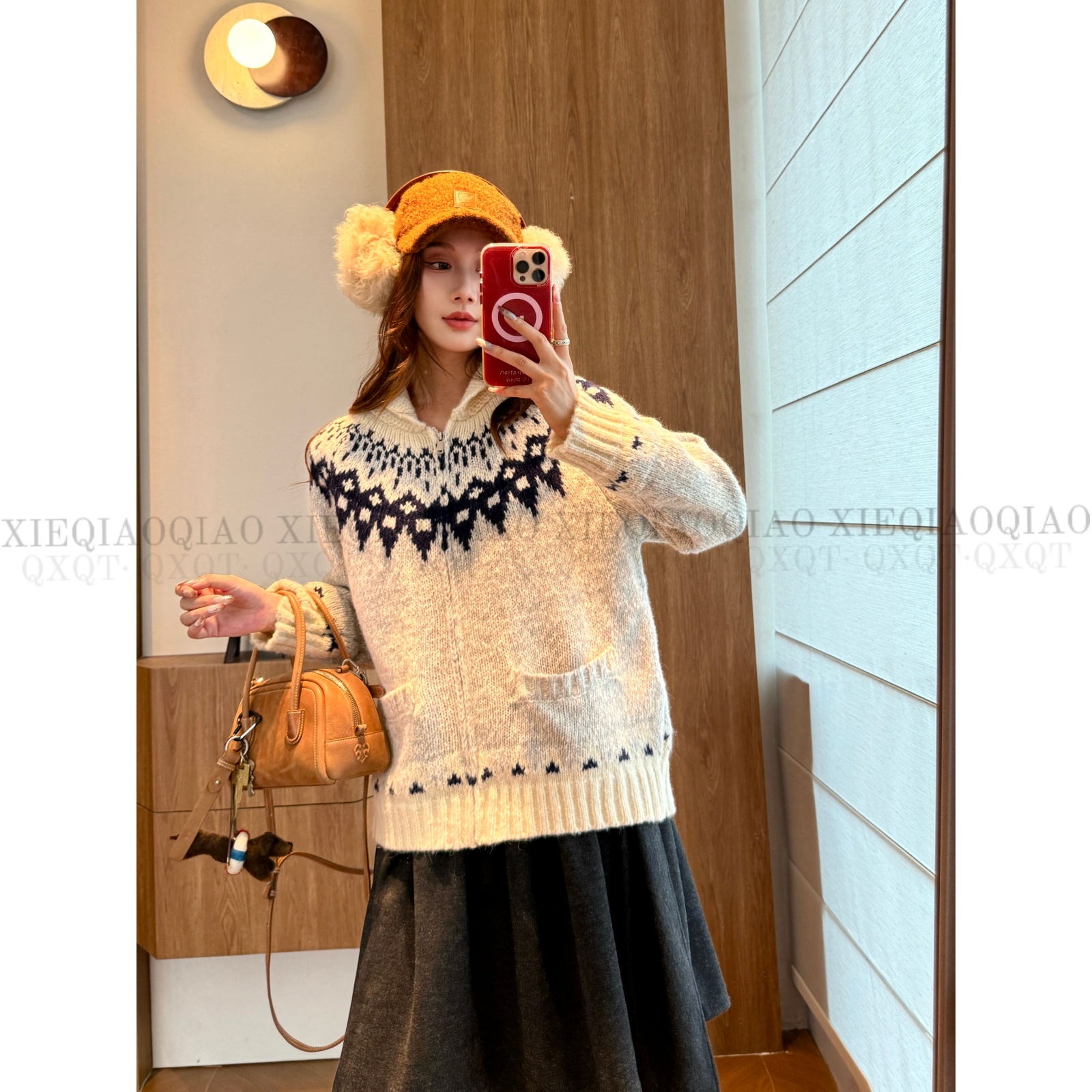 谢荞荞「迷境游牧」羊毛秋冬季新款费尔岛提花翻领拉链针织开衫外套