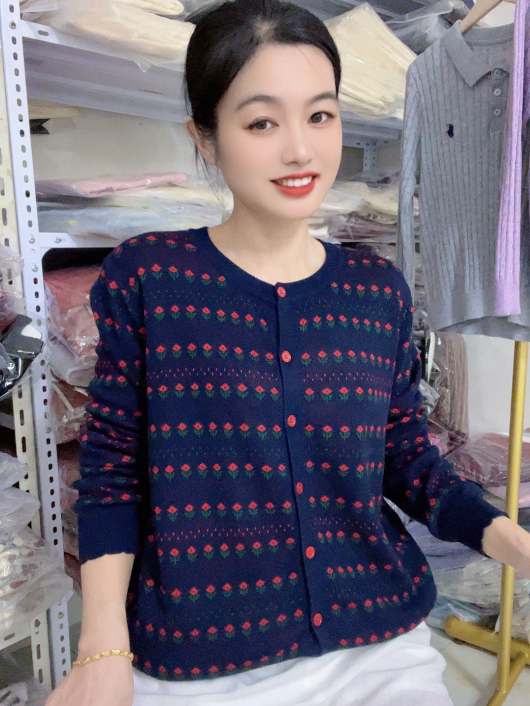 提花秋季针织拼色INS风毛针织衫中年打底上衣衫