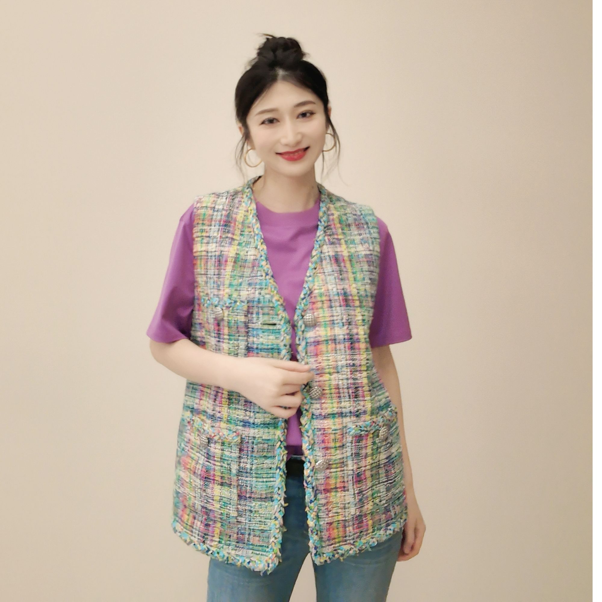 阿玛施AMASS【澜山星光】女士气质时尚格子小香风马夹5400910