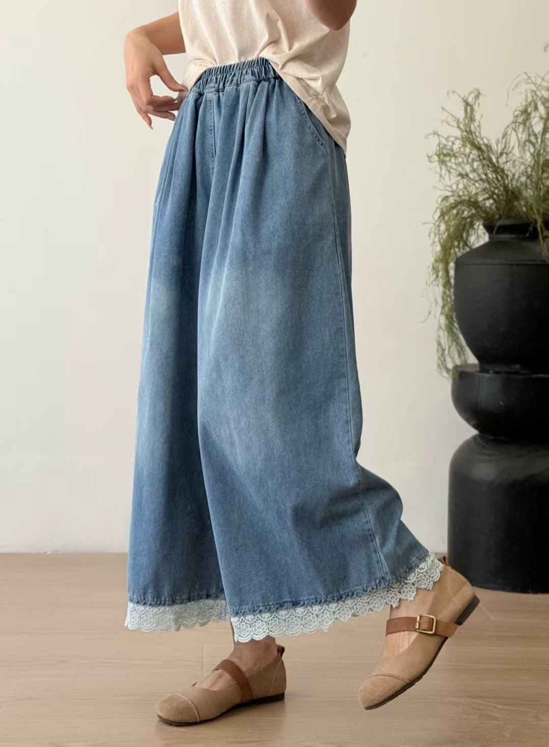 夏季拼接韩系风九分裤宽松休闲阔腿裤百搭松紧腰磨毛牛仔裤