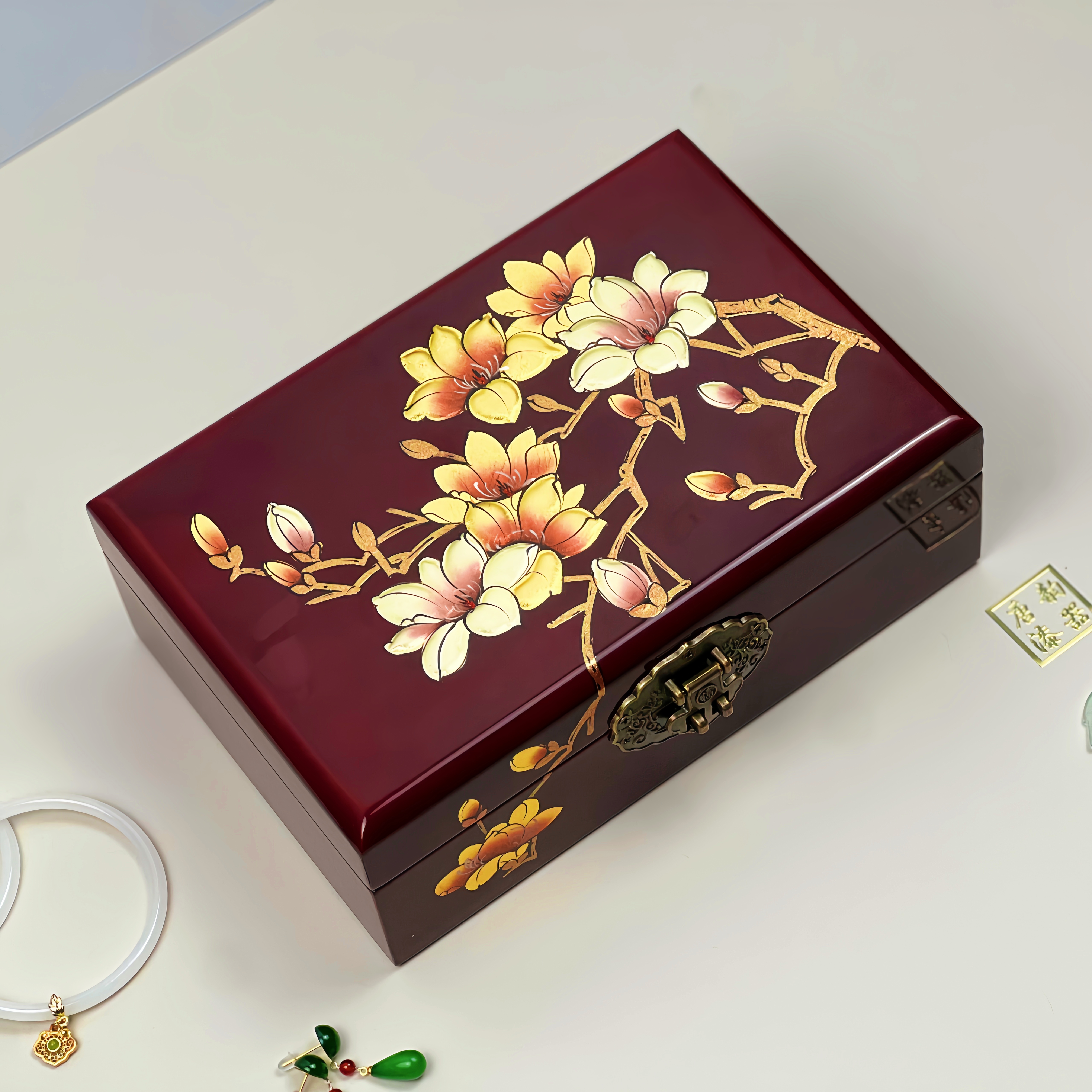 [幽香玉兰]21#古风三金首饰盒精致饰品盒轻奢妆奁结婚礼物带锁子