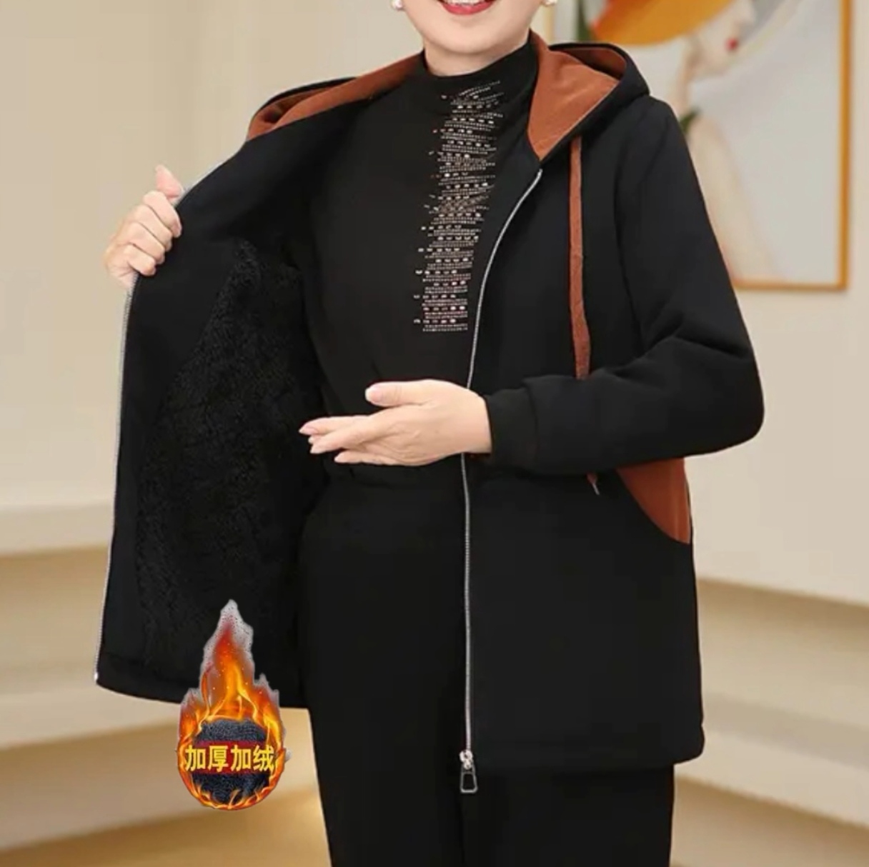 加绒加厚连帽时尚减龄黑色棉衣外套