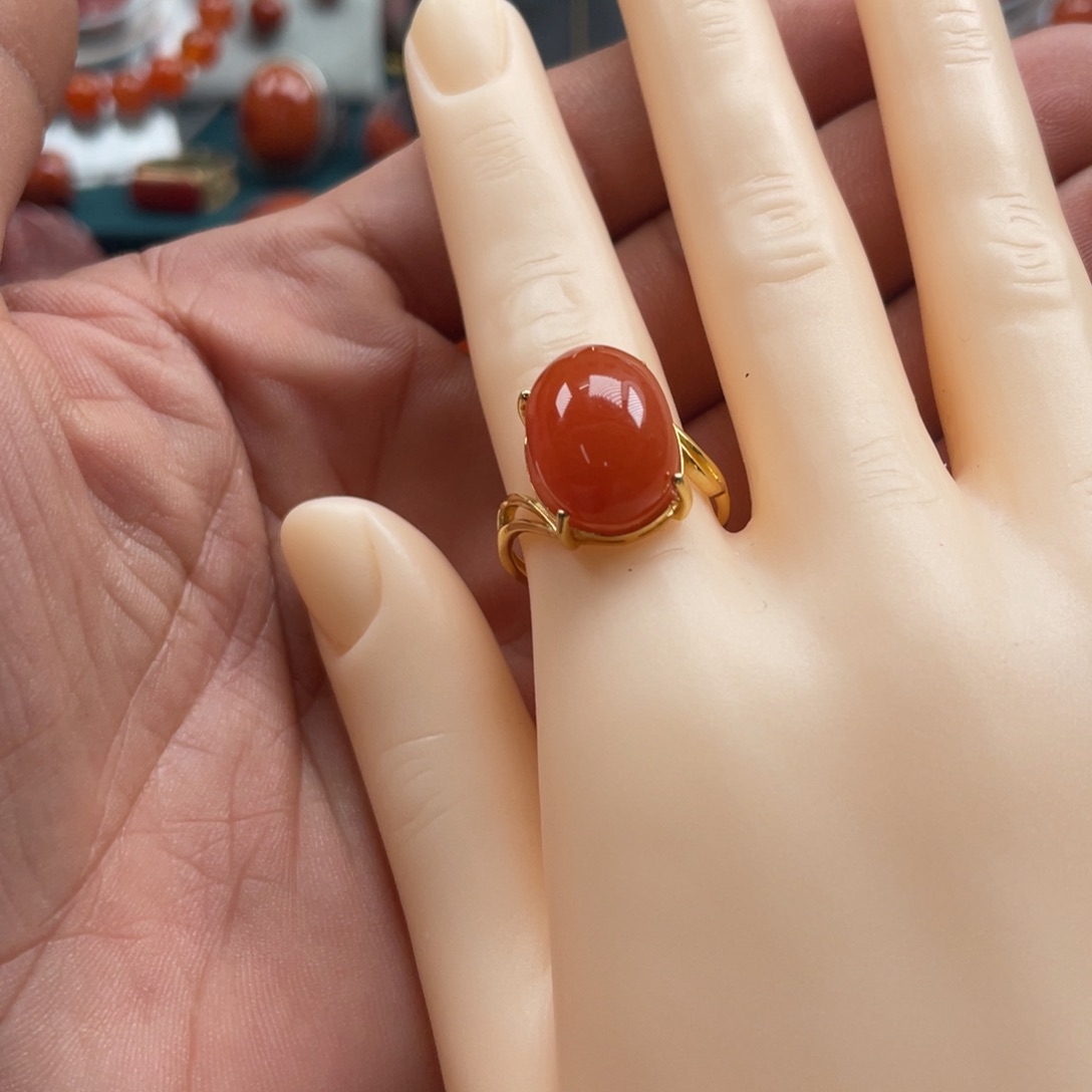 南红玛瑙保山南红戒指银S925镀金镶嵌