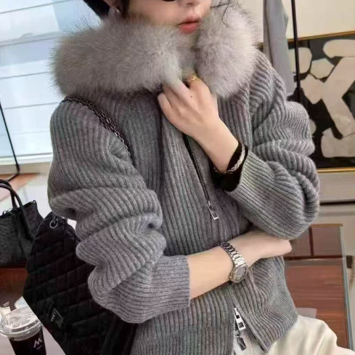 思丹家优选，秋冬新款领连帽拉链加厚慵懒风长袖针织开衫女