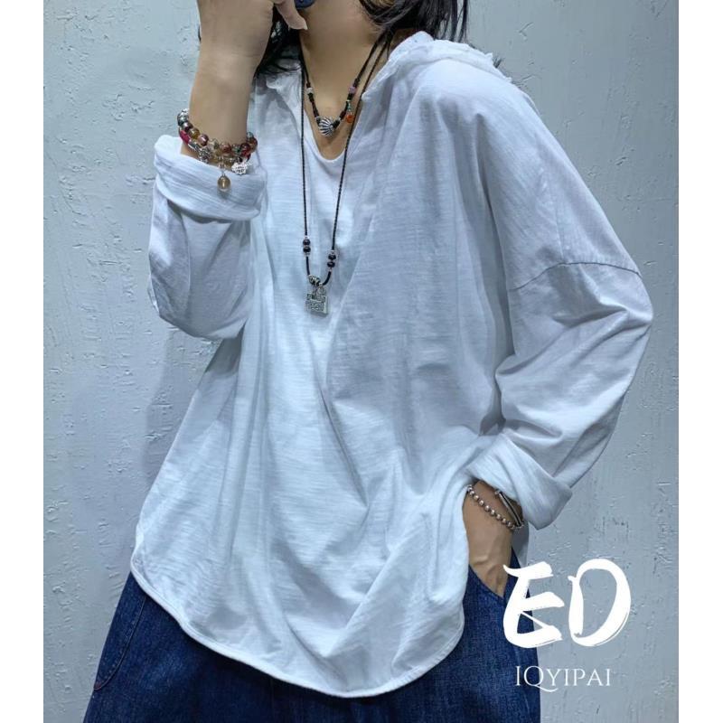 7151韩版百搭休闲宽松纯色套头连帽长袖T恤