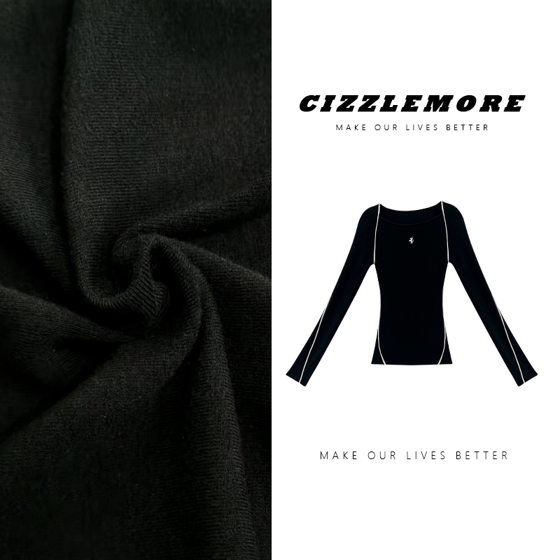 【内在美】设计款撞色线条质感长袖上衣女显瘦秋季新款黑色打底