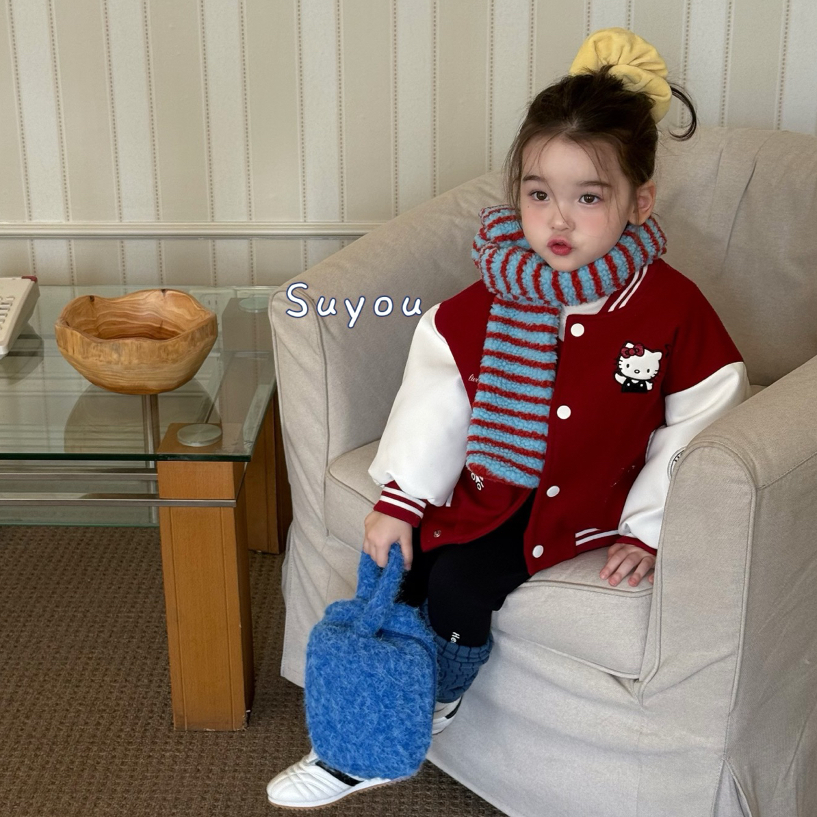 苏右Suyou官方正版Kitty棒球服外套拼接皮衣袖韩版夹克卡通年服